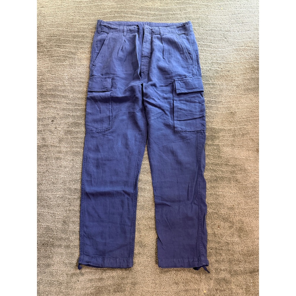 Polo Ralph Lauren Mens 32x28 Blue 100% Linen Pleated Cargo Pants Indigo Utility